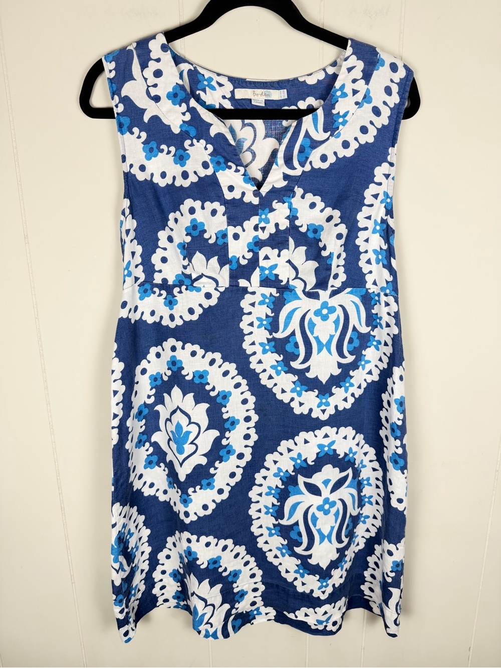 Boden Linen Shift Dress Floral Medallion Print Blue & White Size 10